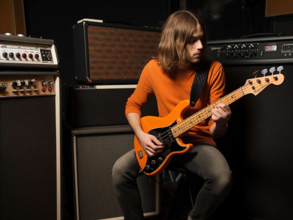 bass player with orange bass guitar and orange crush 25 amp